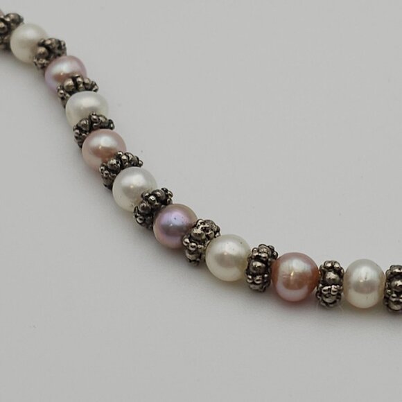 Classic 18" Freshwater Pearl Necklace Pink White Silver Beads Feminine Romantic - Picture 9 of 16